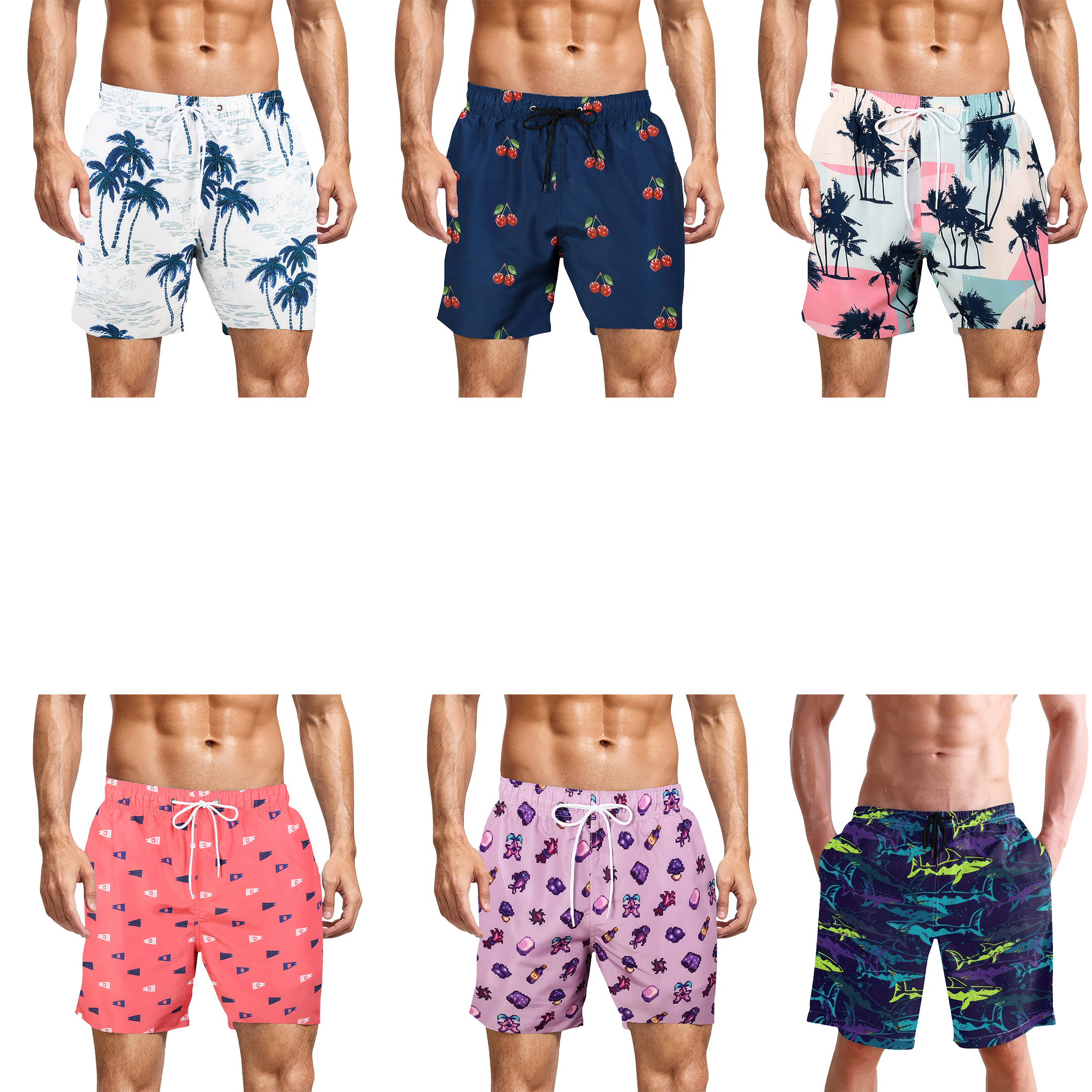 3-Pack Men's Printed Swim Shorts With Pockets Quick Dry Beachwear Bathing Suits Board Trunks - XL