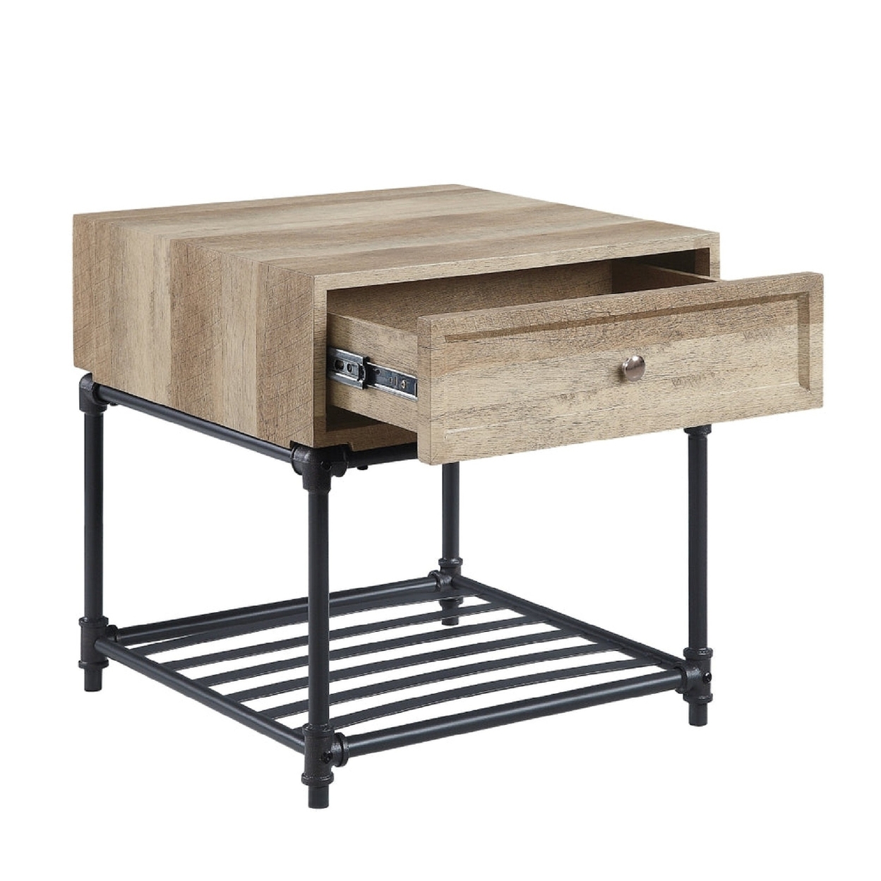 Ley 22 Inch End Table, 1 Drawer, Industrial Design, Slatted Shelf, Oak- Saltoro Sherpi