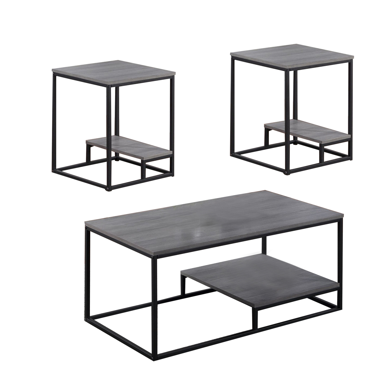 3 Piece Cocktail Set With Coffee Table And 2 End Tables, Wood Shelves, Gray- Saltoro Sherpi