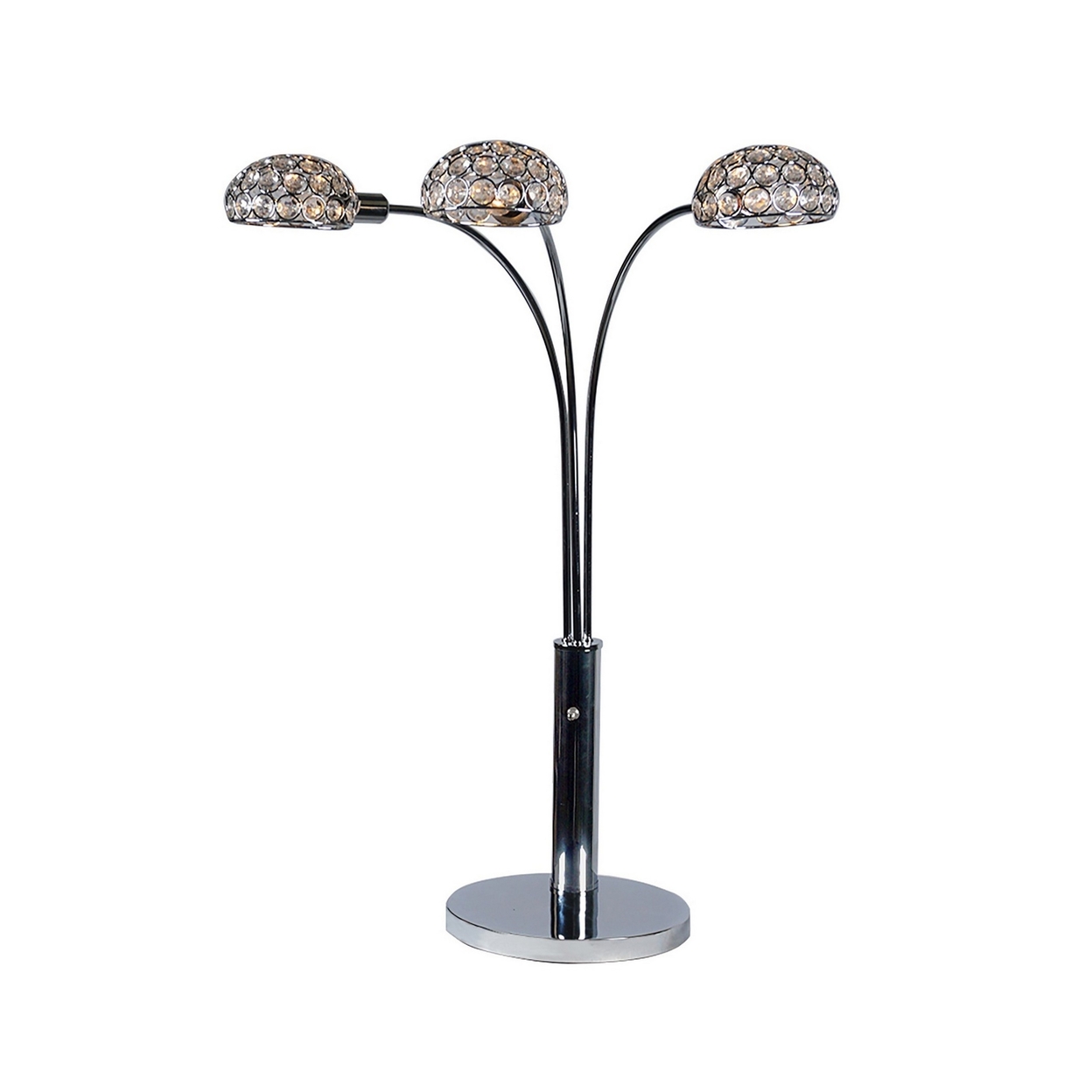 Arya 33 Inch Modern Arcing 3 Light Table Lamp, Round Crystal Accents Chrome- Saltoro Sherpi