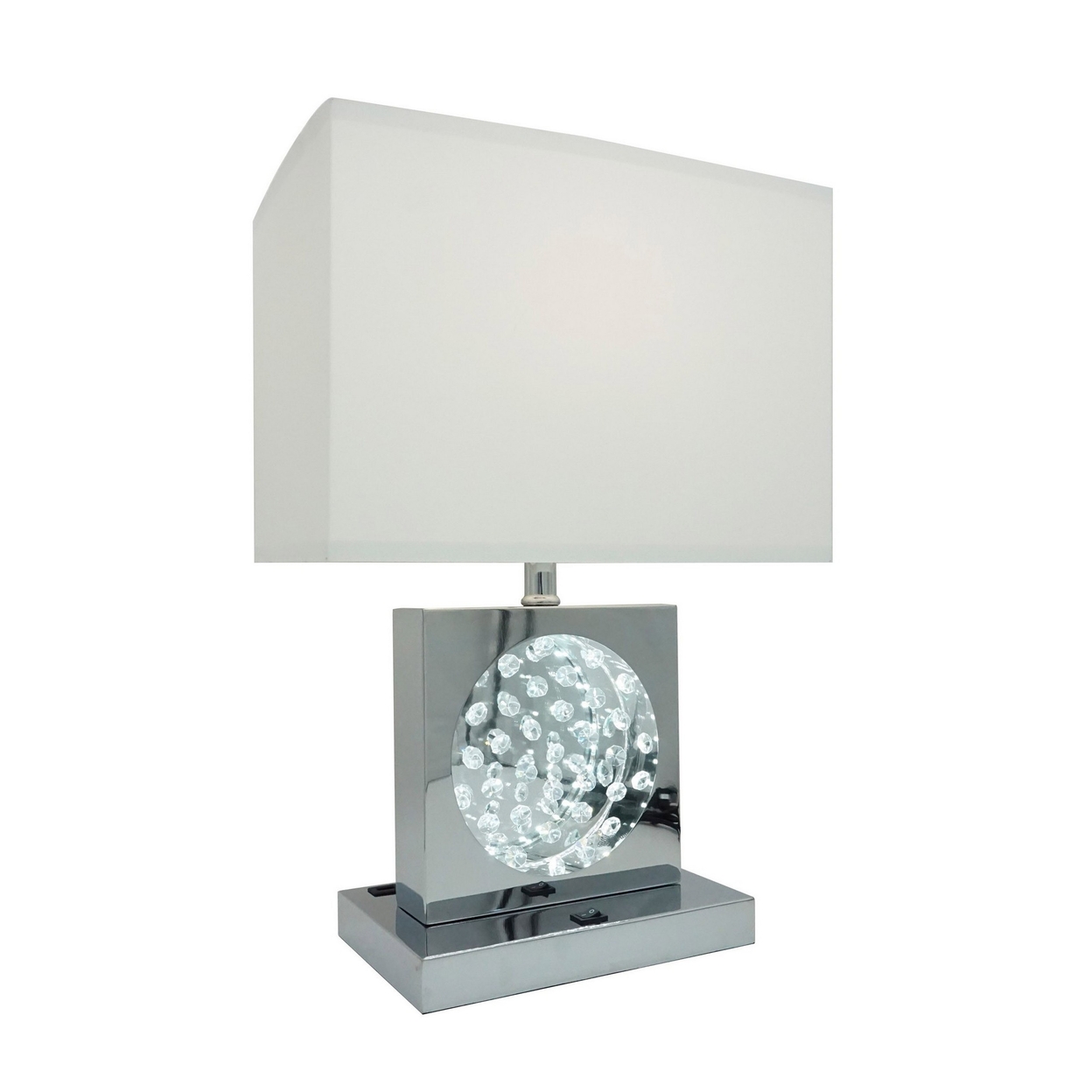Rohi 22 Inch Table Lamp, White Fabric Shade, Chrome Base, LED Accents- Saltoro Sherpi