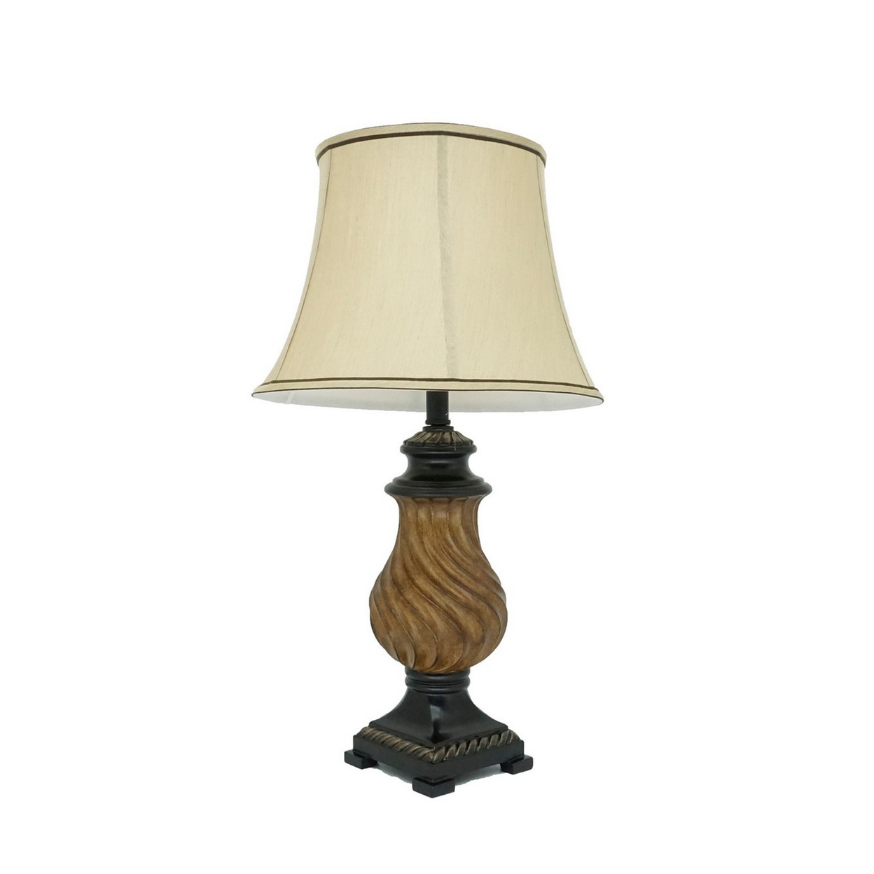 29 Inch Table Lamp, Traditional Round Beige Fabric Shade, Brown Plinth Base- Saltoro Sherpi