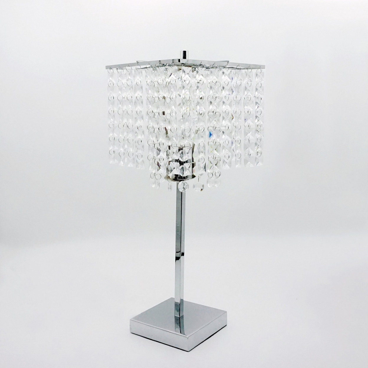 20 Inch Modern Table Lamp, Hanging Crystal Accent Shade, Chrome Metal Base- Saltoro Sherpi