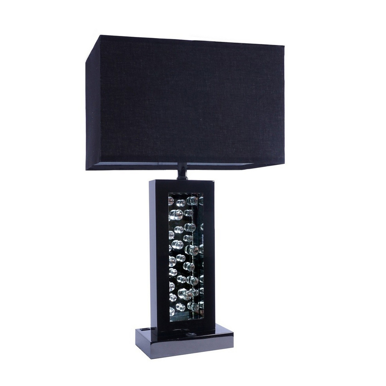 28 Inch Nickel Table Lamp, Black Fabric Shade, Glass Panel And LED Accents- Saltoro Sherpi