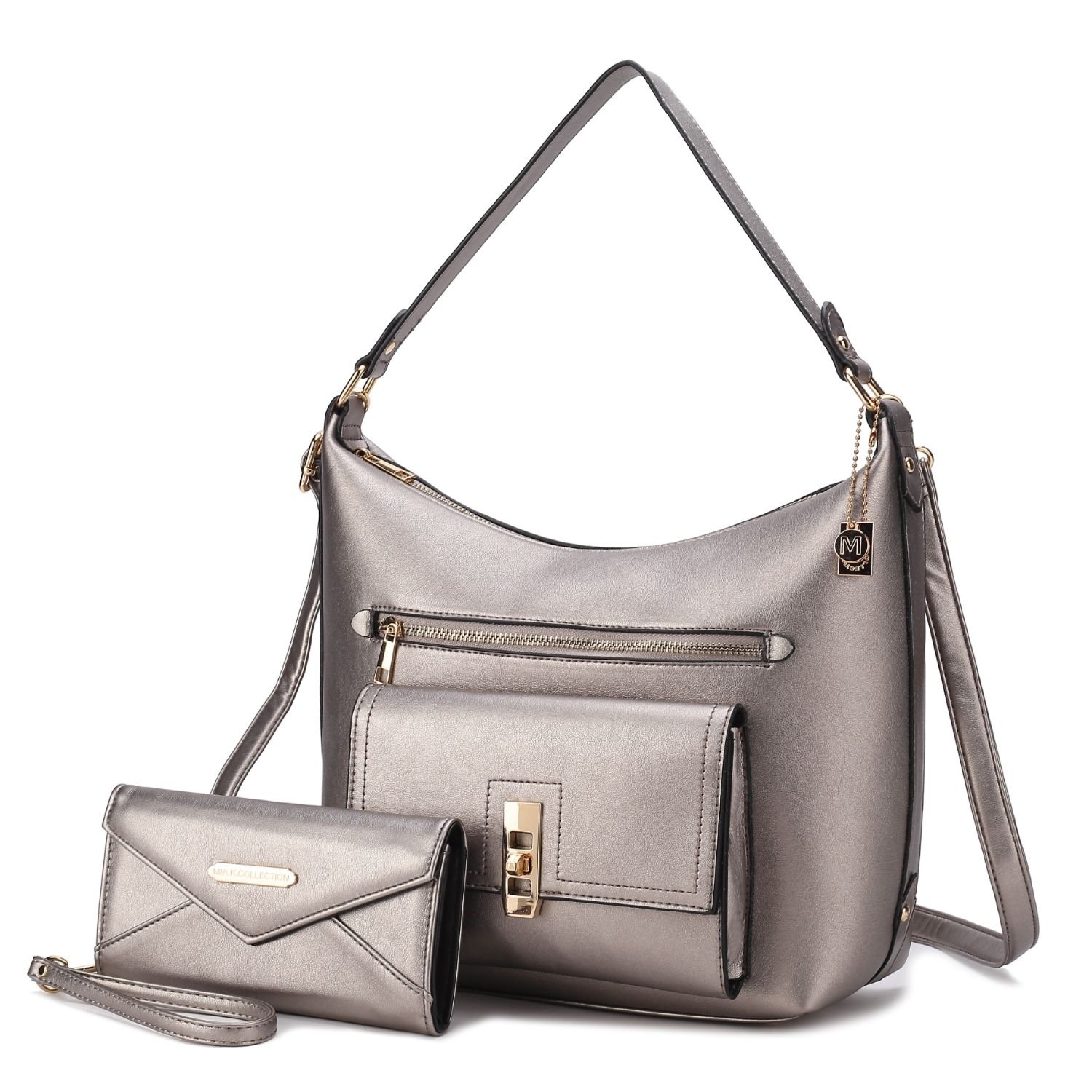 MKF Collection Clara Vegan Leather Women's Shoulder Bag With Wristlet Wallet - 2 Pieces By Mia K - Pewter