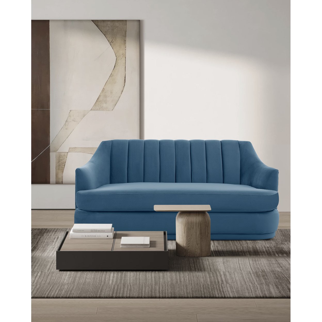 Iconic Home Rosa Loveseat Velvet Upholstered Single Cushion Seat Vertical Channel Quilted Back Platform Base Design - Blue