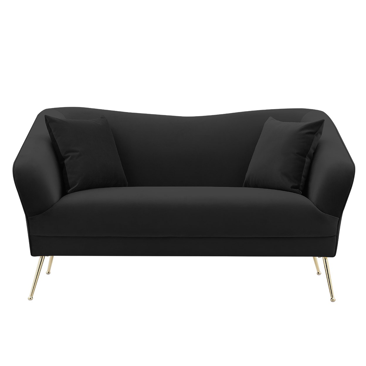 Iconic Home Ember Loveseat Velvet Upholstered Tight Seat Back Design Flared Gold Tone Metal Legs With 2 Decorative Pillows - Black
