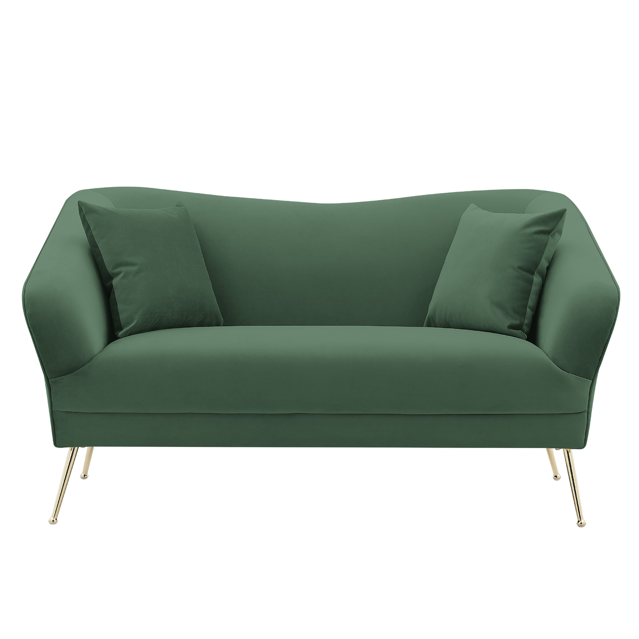 Iconic Home Ember Loveseat Velvet Upholstered Tight Seat Back Design Flared Gold Tone Metal Legs With 2 Decorative Pillows - Dark Green