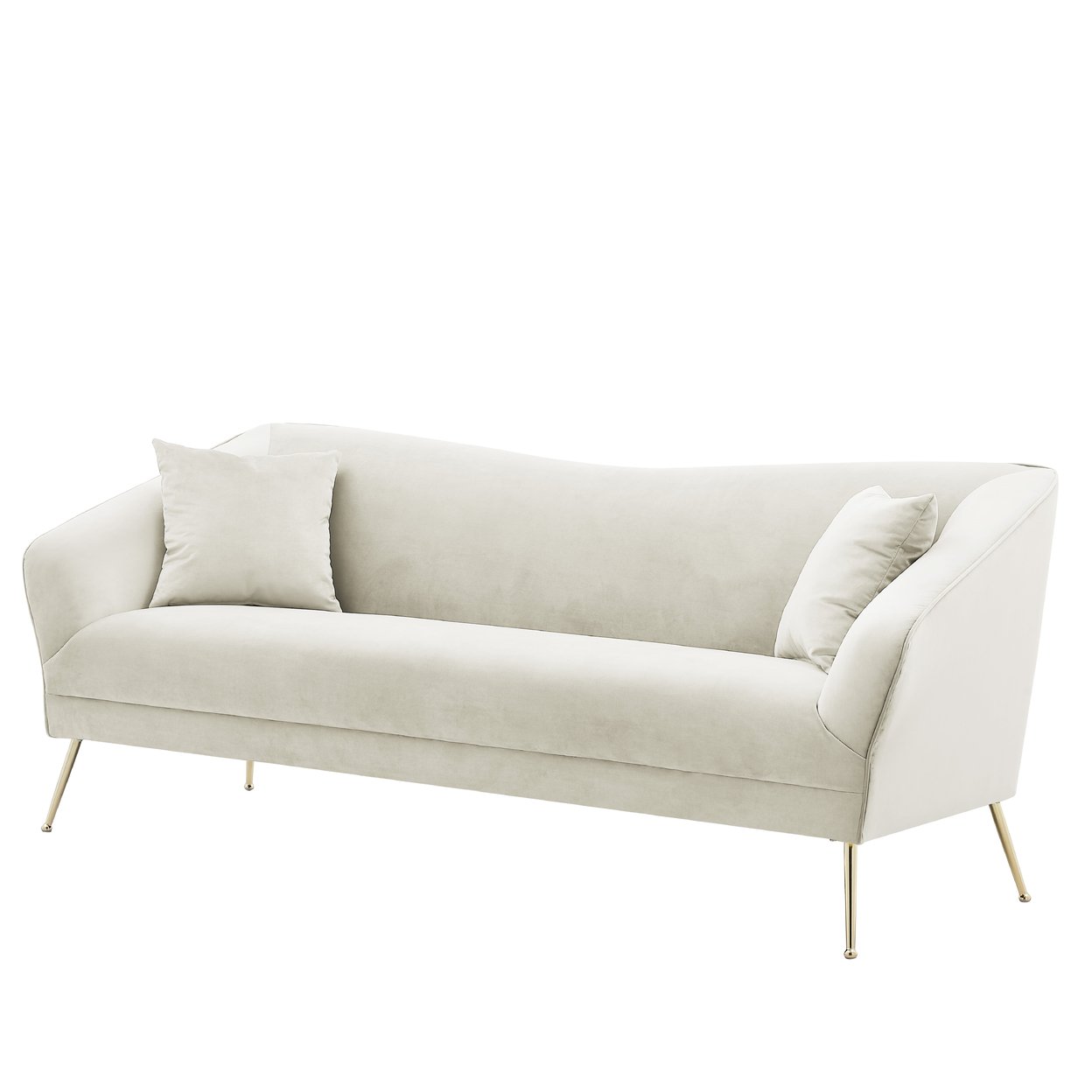 Iconic Home Ember Sofa Velvet Upholstered Tight Seat Back Design Flared Gold Tone Metal Legs With 2 Decorative Pillows - Beige