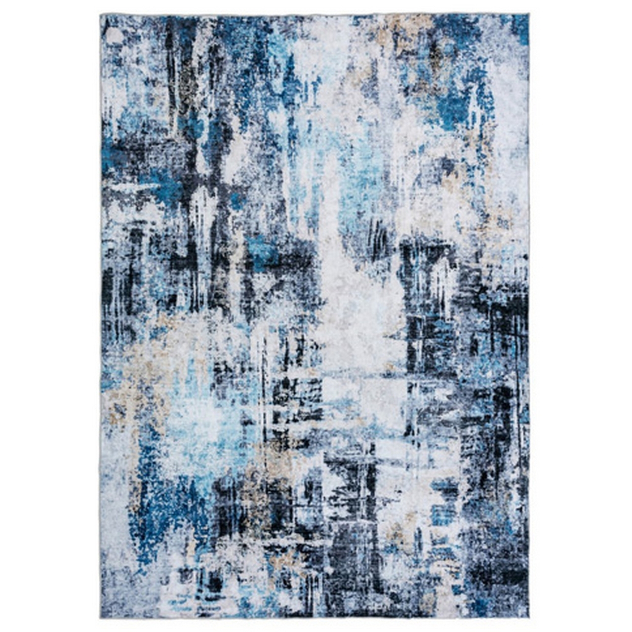 Rue 10 X 8 Large Soft Fabric Floor Area Rug, Washable, Abstract Blue And White Design- Saltoro Sherpi