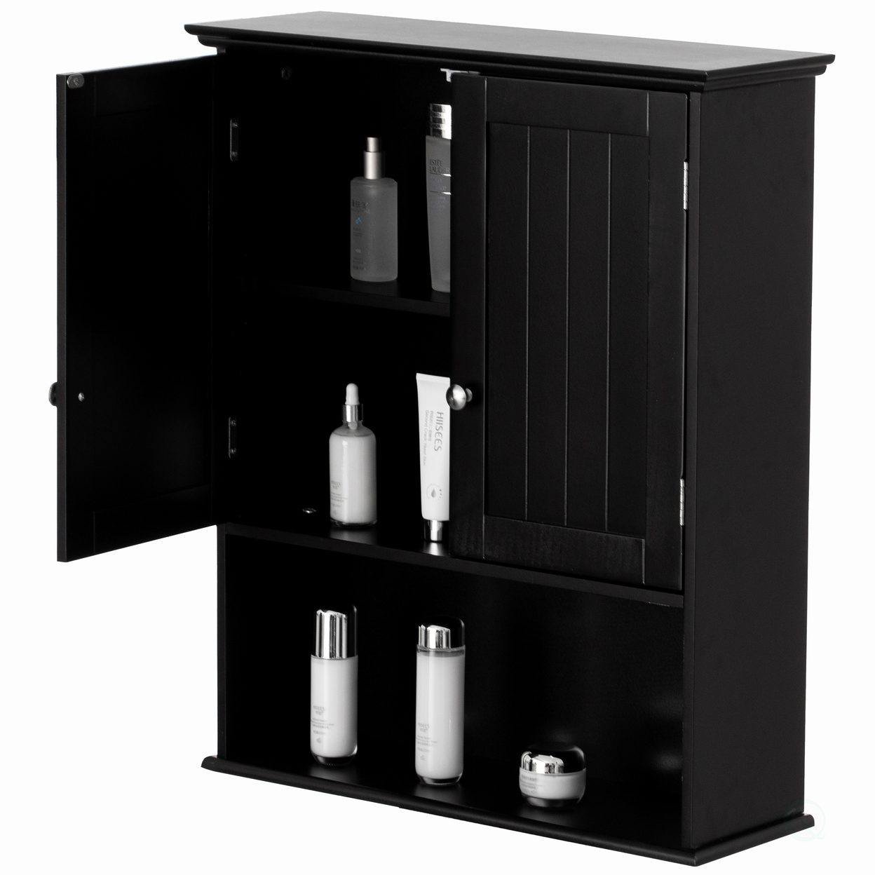 Wall Mount Bathroom Cabinet Wooden Medicine Cabinet Storage Organizer Double Door With 2 Shelves, And Open Display Shelf - Black