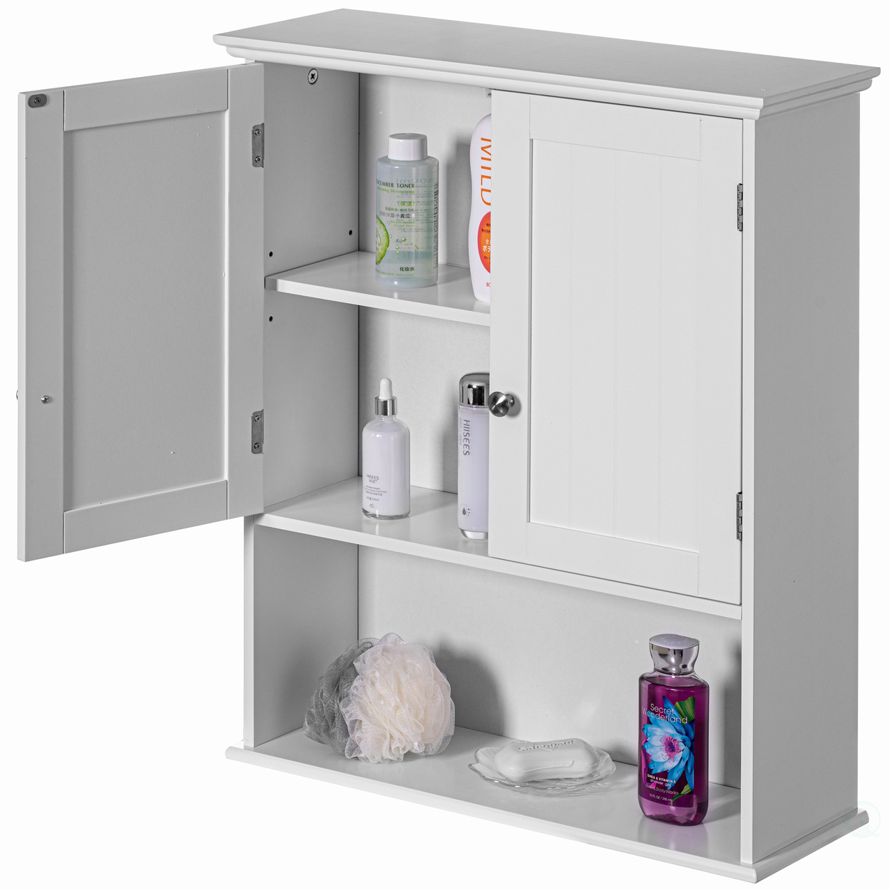 Wall Mount Bathroom Cabinet Wooden Medicine Cabinet Storage Organizer Double Door With 2 Shelves, And Open Display Shelf - White