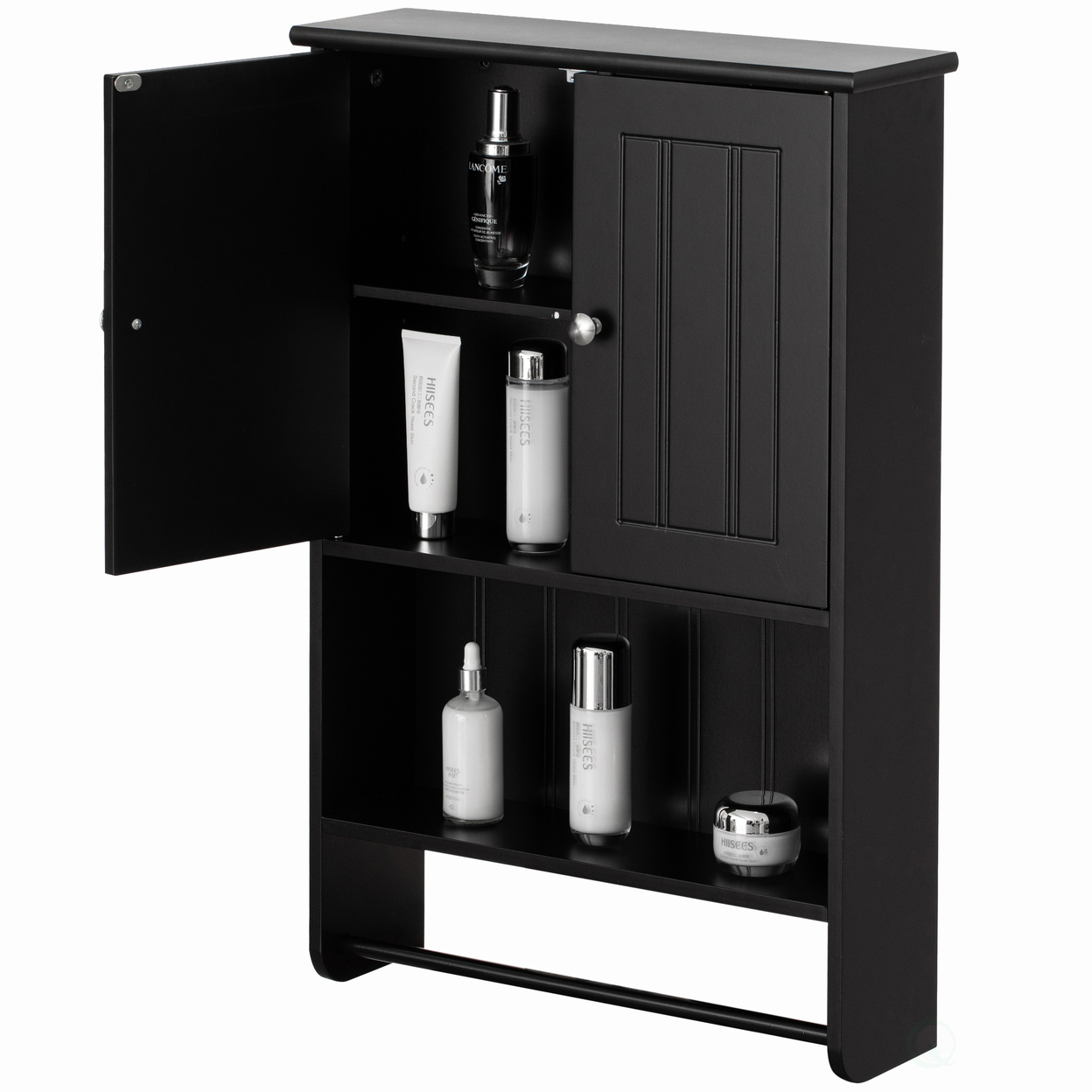 Wall Mount Bathroom Cabinet Wooden Medicine Cabinet Storage Organizer Double Door With 2 Shelves, And Open Display Shelf, With Towel Bar - B
