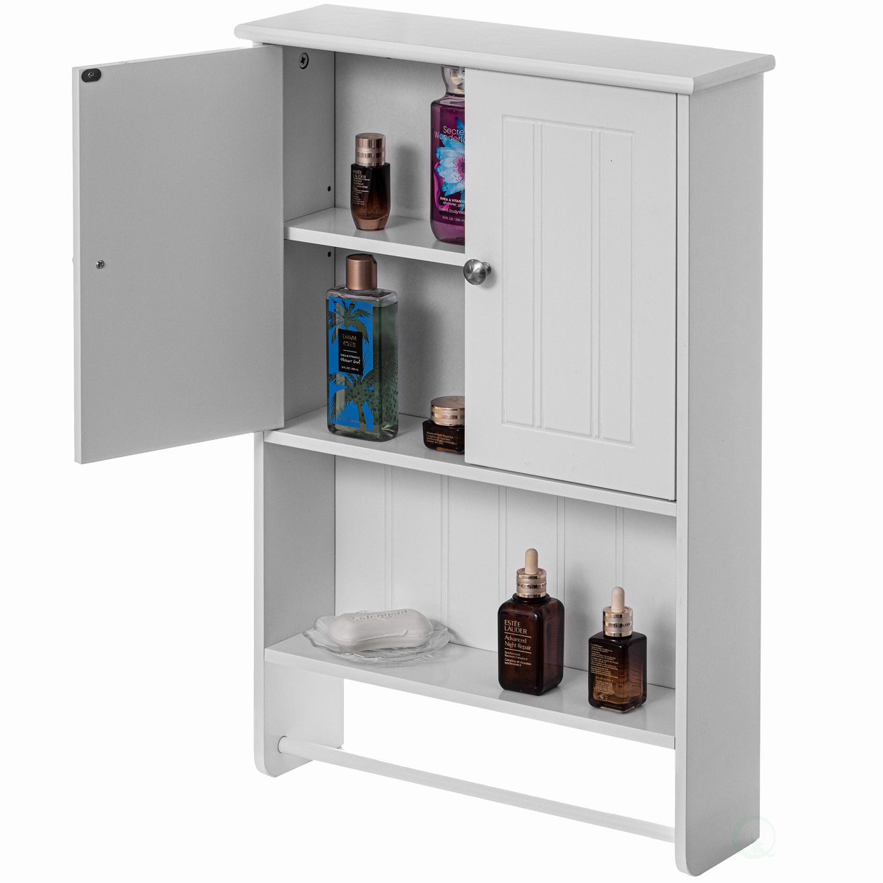 Wall Mount Bathroom Cabinet Wooden Medicine Cabinet Storage Organizer Double Door With 2 Shelves, And Open Display Shelf, With Towel Bar - W