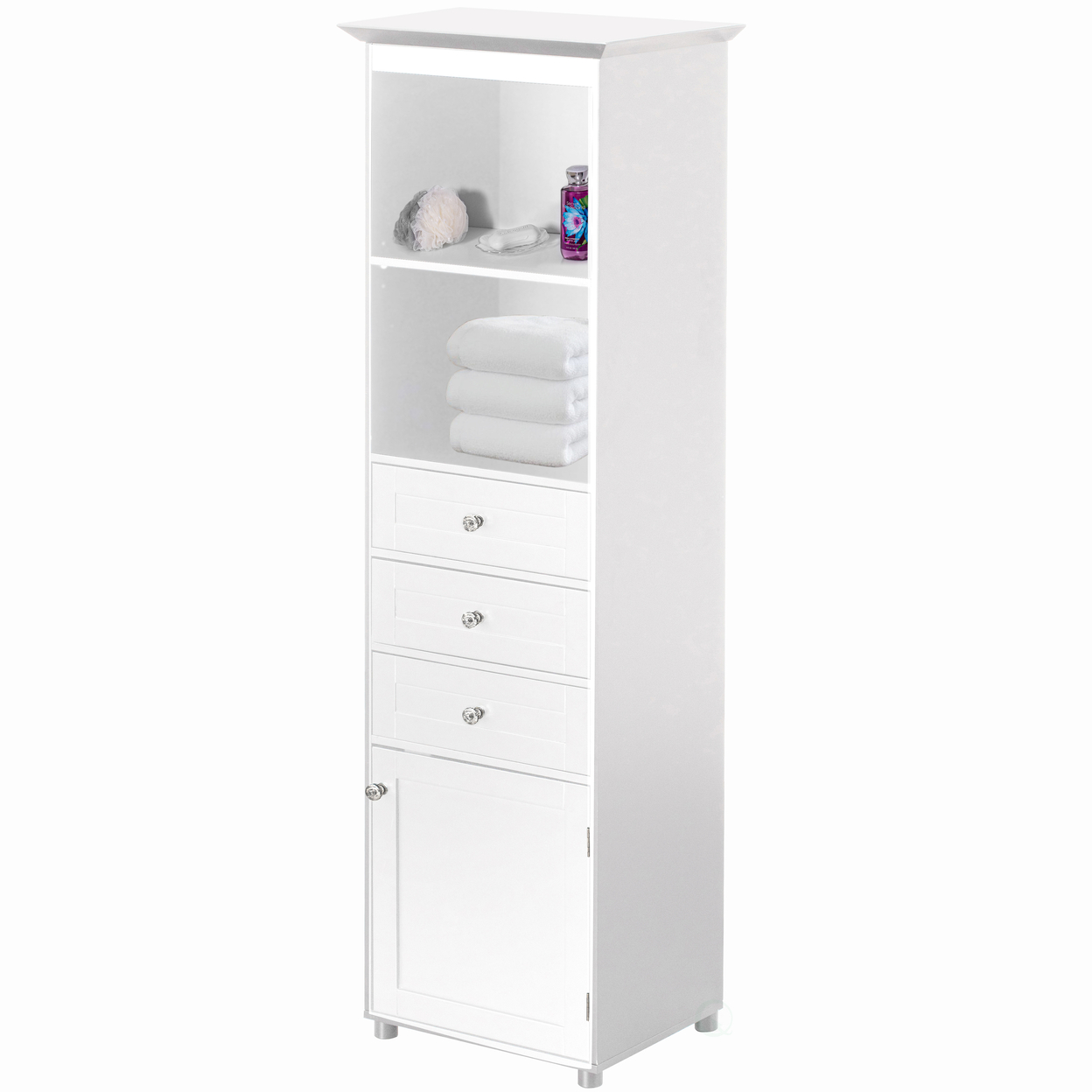 Tall Freestanding Storage Organizer Linen Tower, Vanity Closet, Bathroom Cabinet With 2 Open Shelves, 3 Drawers, And A Closet - White