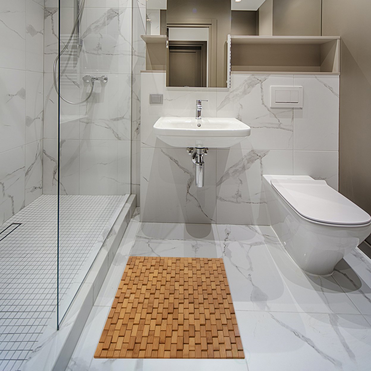 Foldable Bamboo Bath Mat Natural Anti-Slip Rug, Flooring Solution For Stylish Bathroom And Vanity Decor