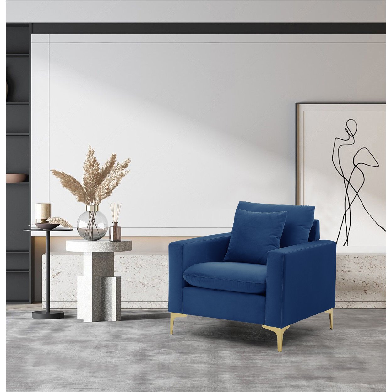 Iconic Home Roxi Club Chair Velvet Upholstered Loose Back Design Gold Tone Metal Y-Legs With Decorative Pillow - Blue