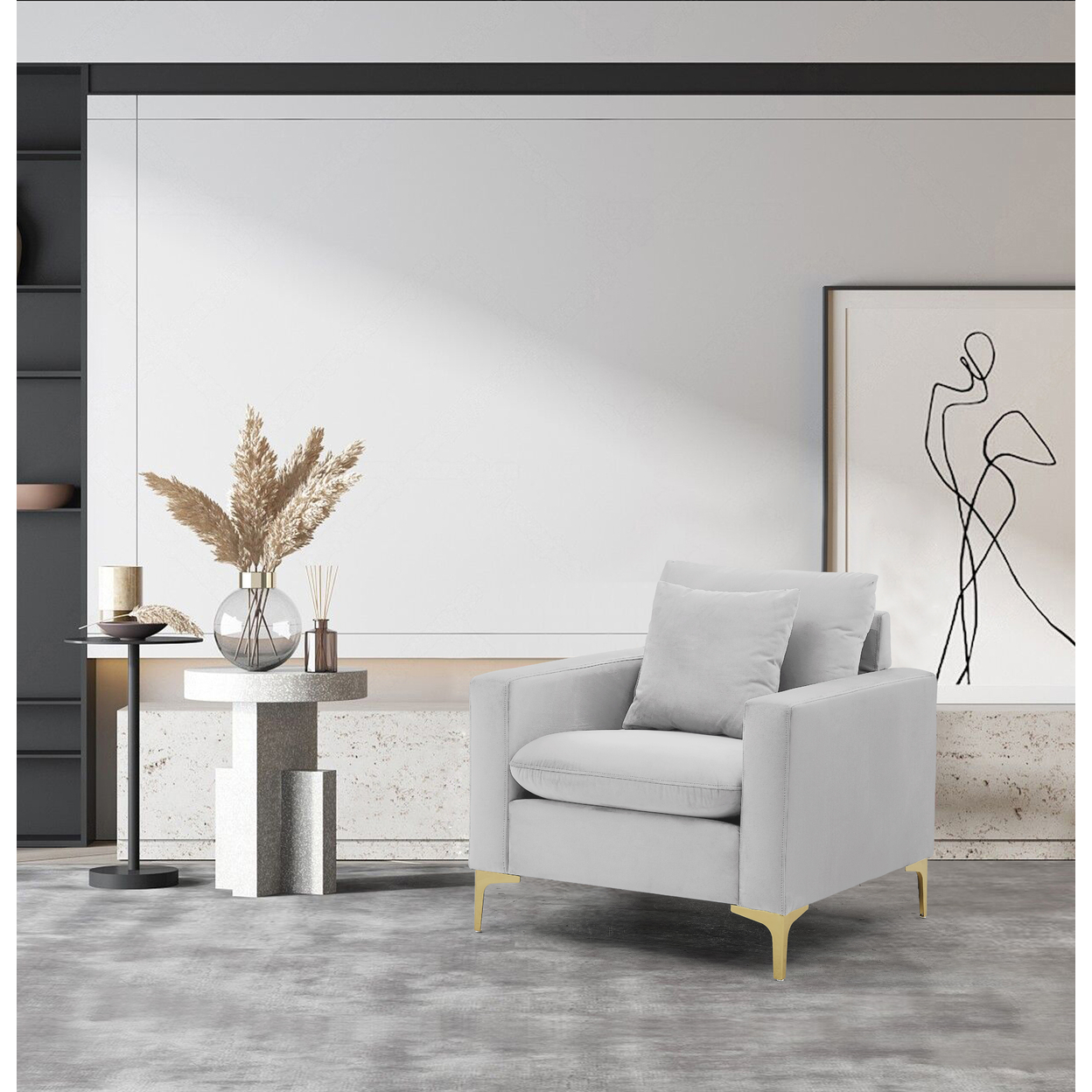Iconic Home Roxi Club Chair Velvet Upholstered Loose Back Design Gold Tone Metal Y-Legs With Decorative Pillow - Silver