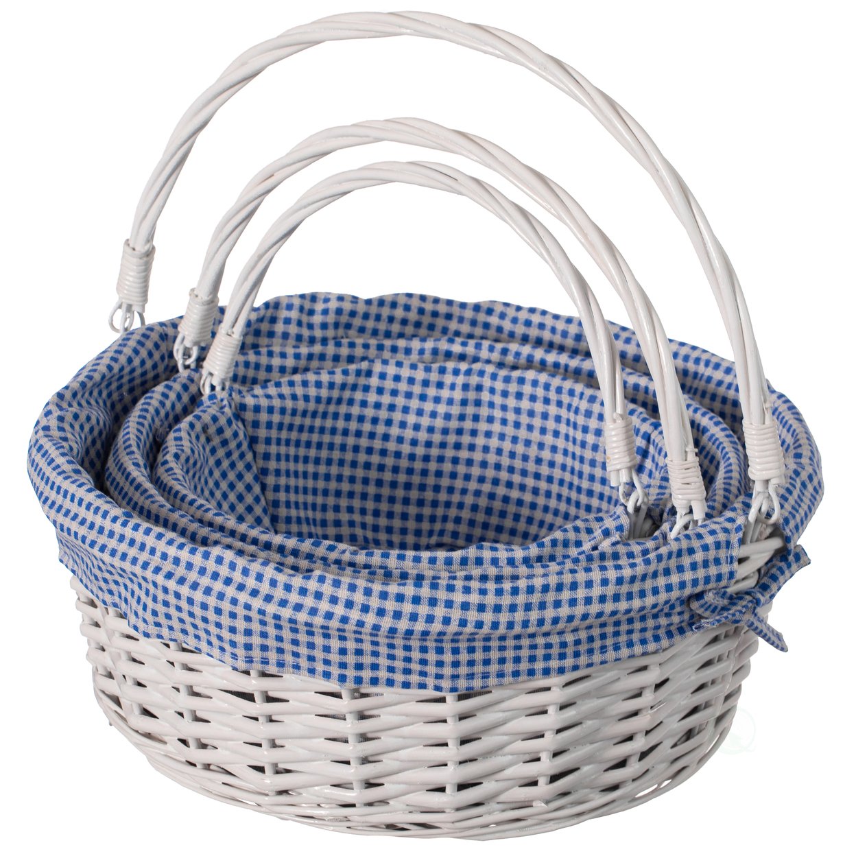 Traditional White Round Willow Gift Basket With Gingham Liner And Sturdy Foldable Handles, Food Snacks Storage Basket - Pink, Small