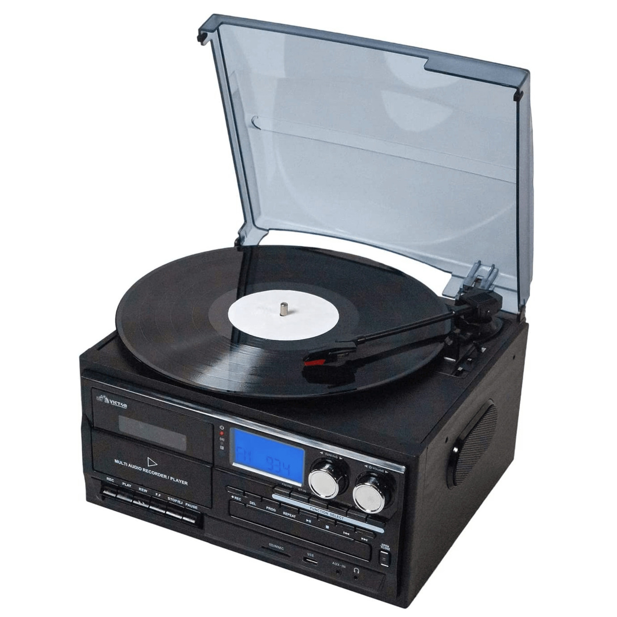 Victor Cosmopolitan 8-in-1 Turntable Music Center With Bluetooth, USB & Cassette - Black