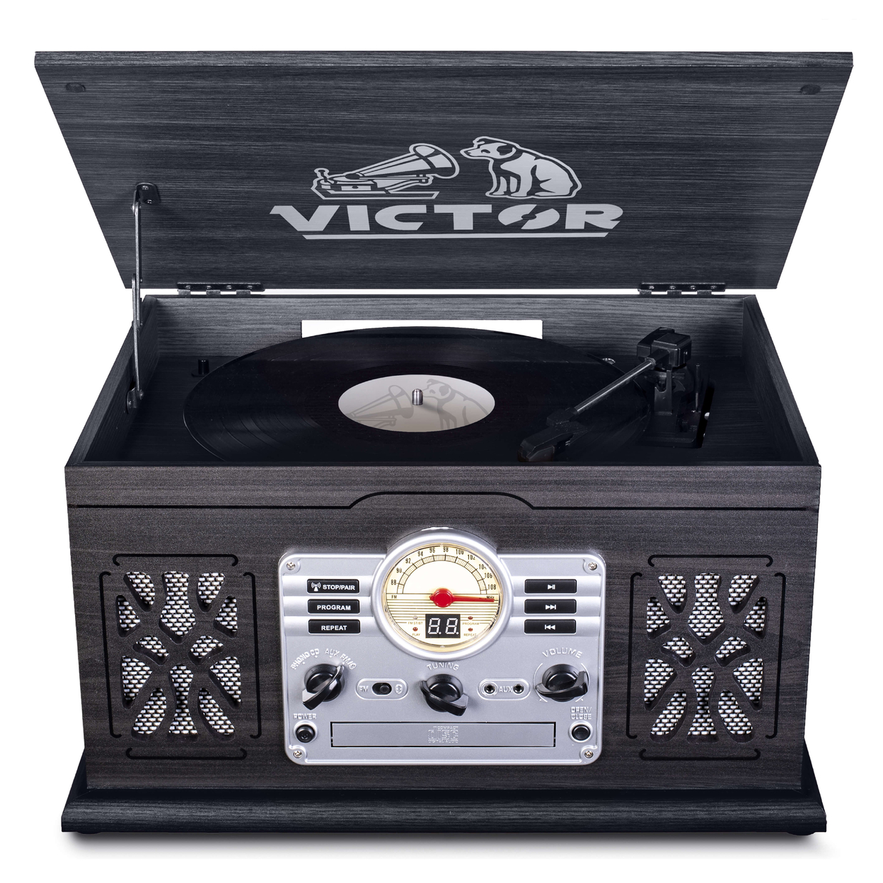 Victor State 7-in-1 Wood Music Center With 3-Speed Turntable And Dual Bluetooth - Graphite