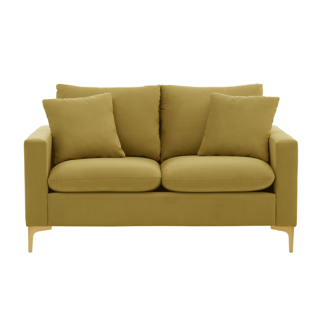 Iconic Home Roxi Loveseat Velvet Upholstered Multi-Cushion Seat Gold Tone Metal Y-Legs With 2 Decorative Pillows - Gold
