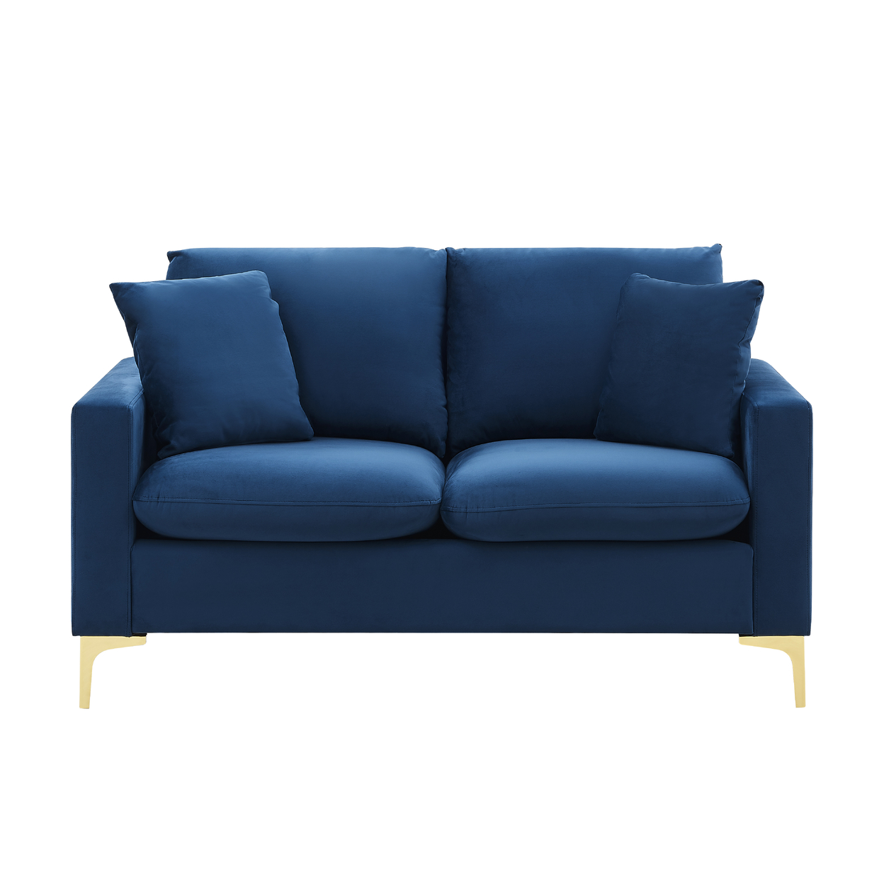Iconic Home Roxi Loveseat Velvet Upholstered Multi-Cushion Seat Gold Tone Metal Y-Legs With 2 Decorative Pillows - Blue