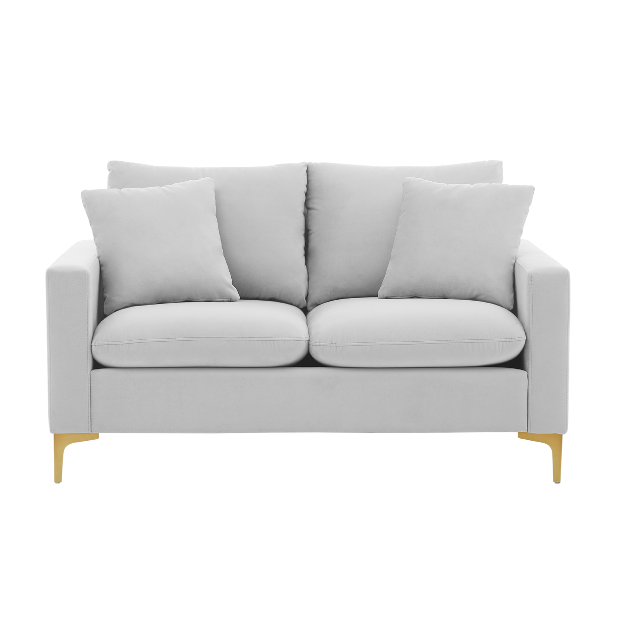 Iconic Home Roxi Loveseat Velvet Upholstered Multi-Cushion Seat Gold Tone Metal Y-Legs With 2 Decorative Pillows - Silver