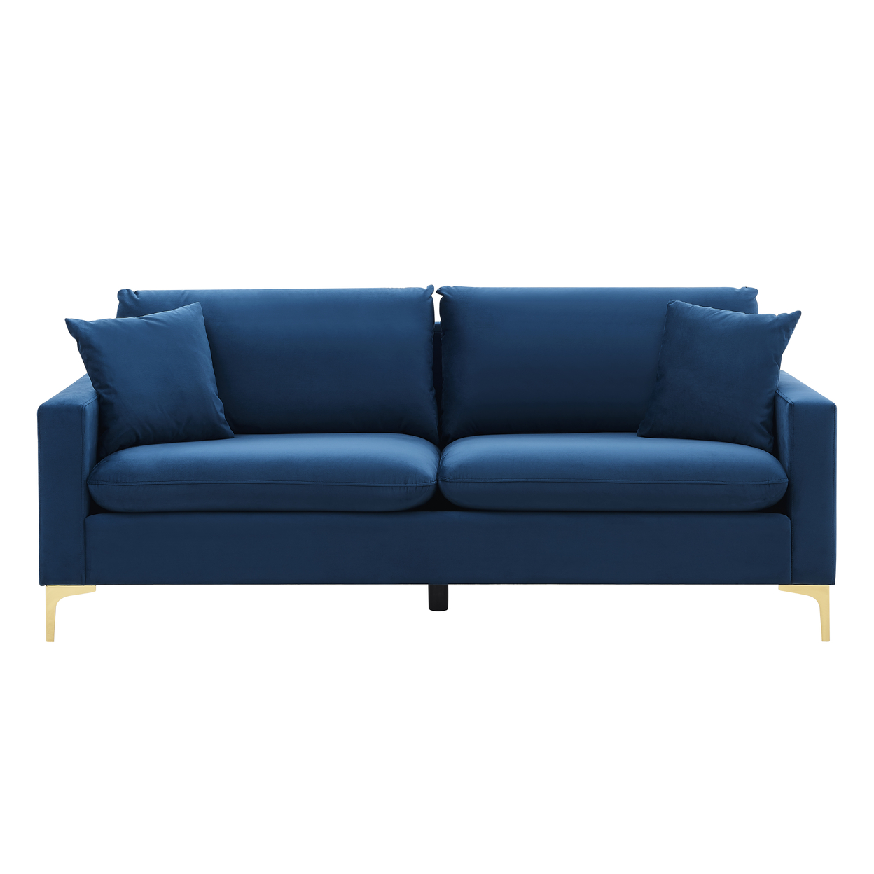 Iconic Home Roxi Sofa Velvet Upholstered Multi-Cushion Seat Gold Tone Metal Y-Legs With 2 Decorative Pillows - Blue
