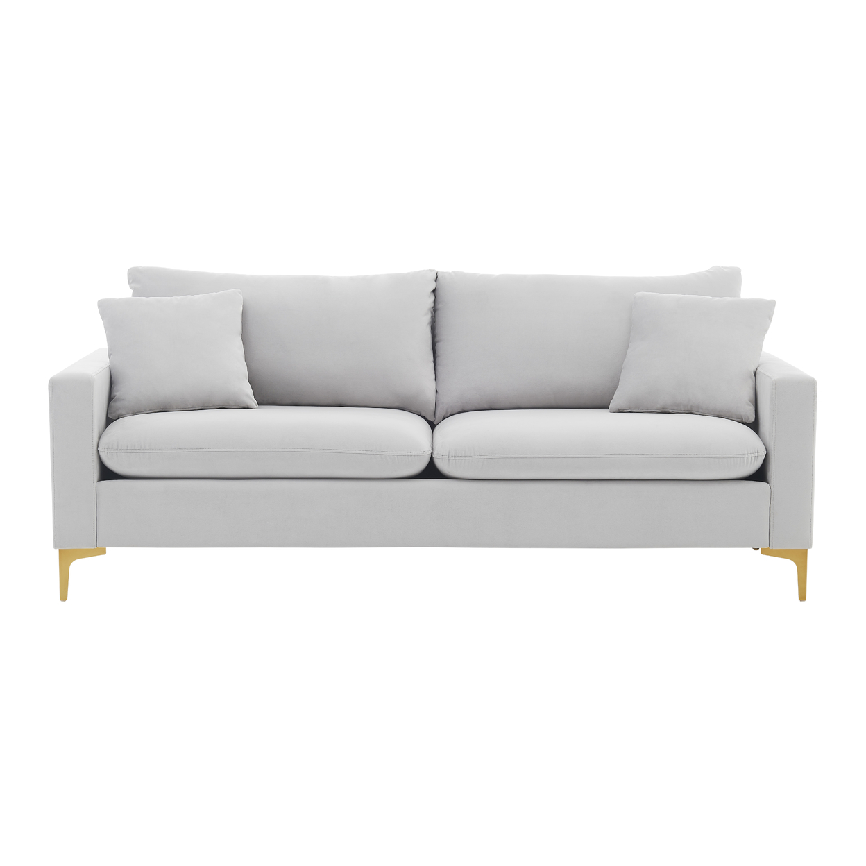 Iconic Home Roxi Sofa Velvet Upholstered Multi-Cushion Seat Gold Tone Metal Y-Legs With 2 Decorative Pillows - Silver