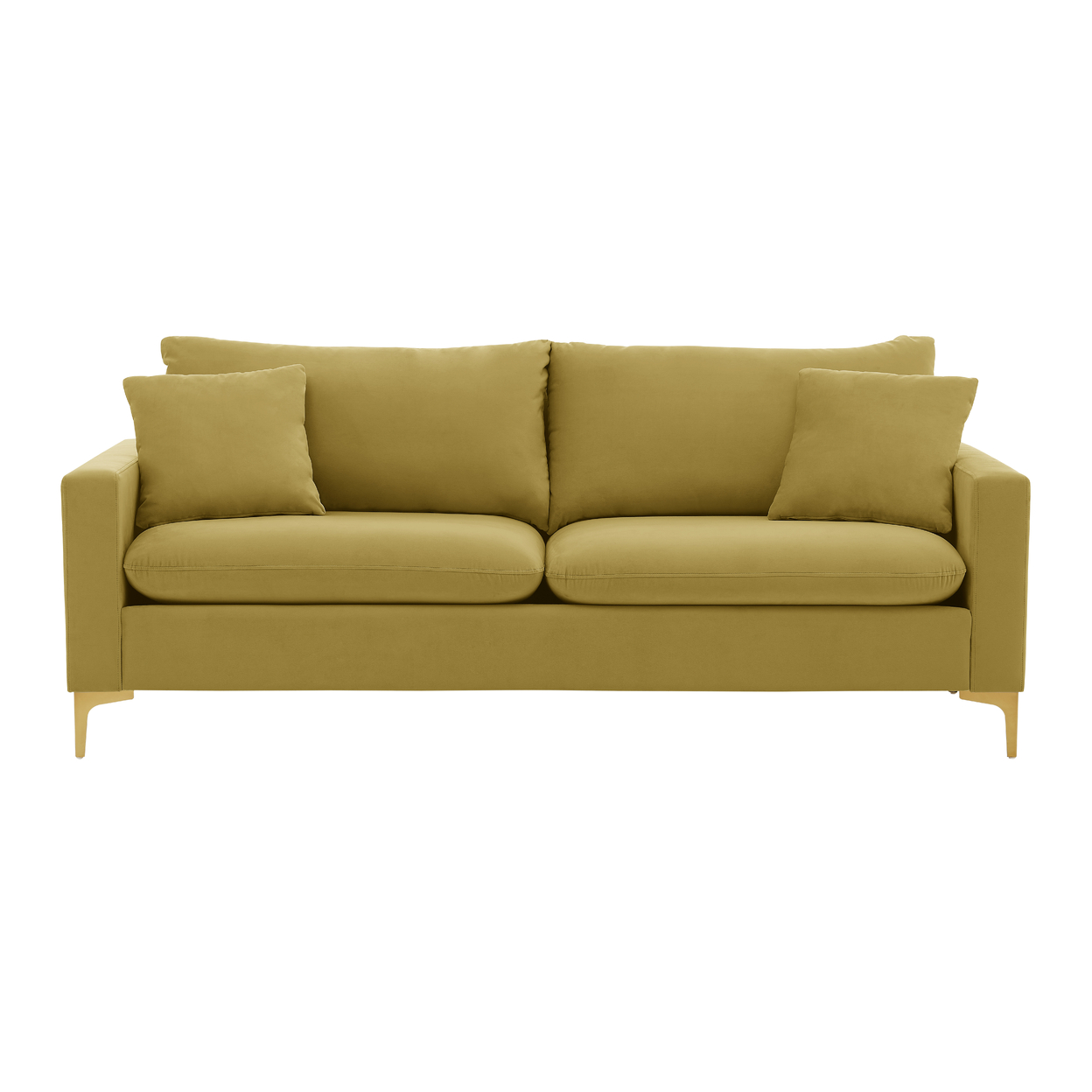 Iconic Home Roxi Sofa Velvet Upholstered Multi-Cushion Seat Gold Tone Metal Y-Legs With 2 Decorative Pillows - Gold