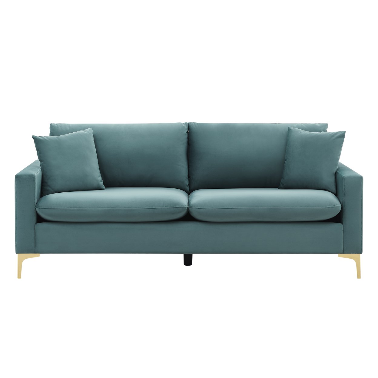 Iconic Home Roxi Sofa Velvet Upholstered Multi-Cushion Seat Gold Tone Metal Y-Legs With 2 Decorative Pillows - Green