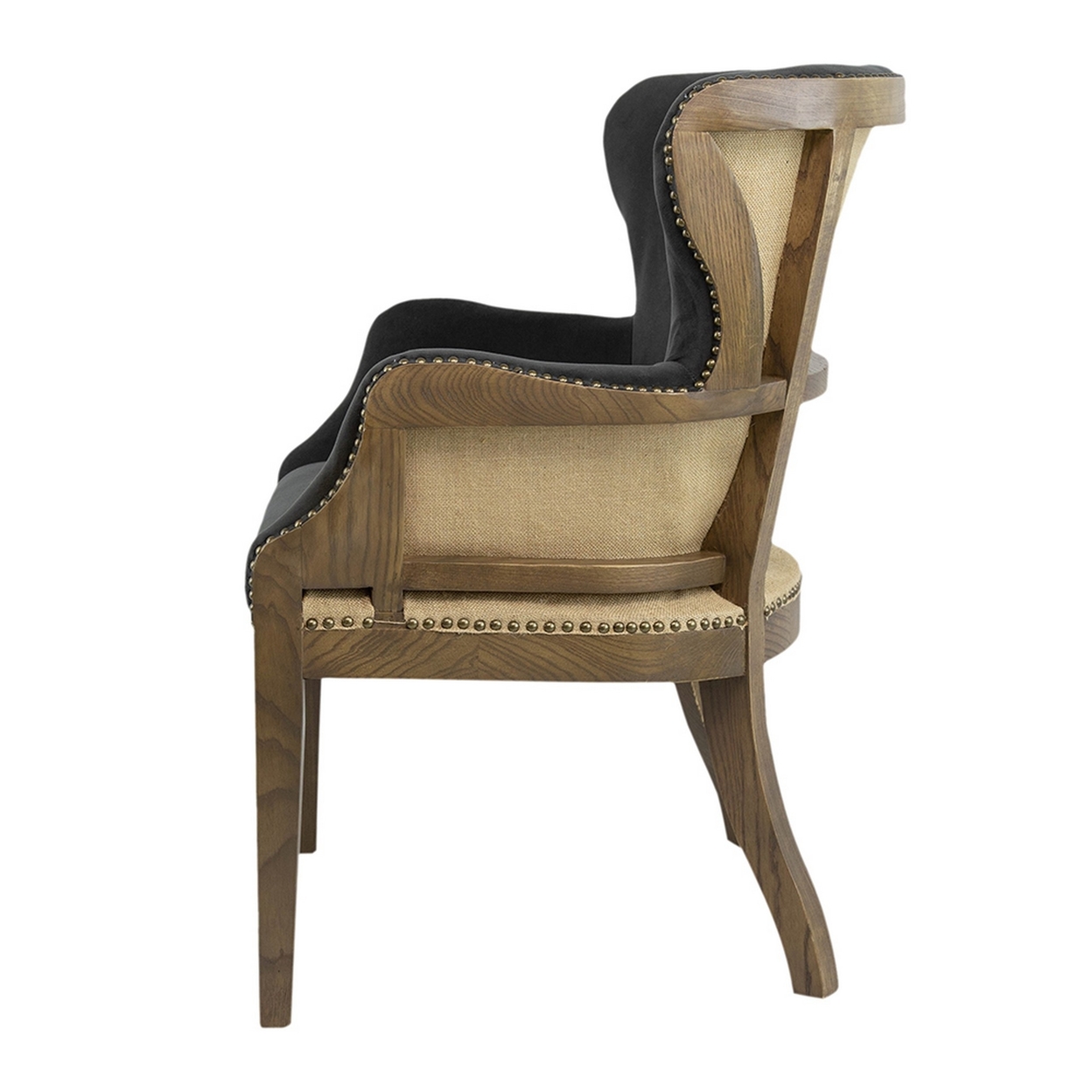 26 Inch Wingback Armchair, Fabric Upholstered, Birch Wood, Black, Brown- Saltoro Sherpi
