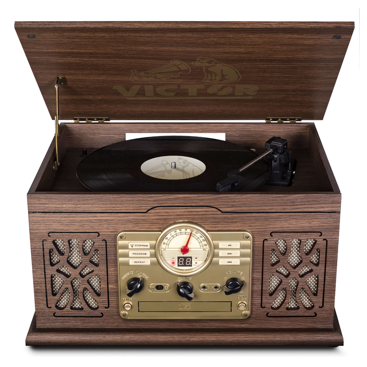 Victor State 7-in-1 Wood Music Center With 3-Speed Turntable And Dual Bluetooth - Espresso