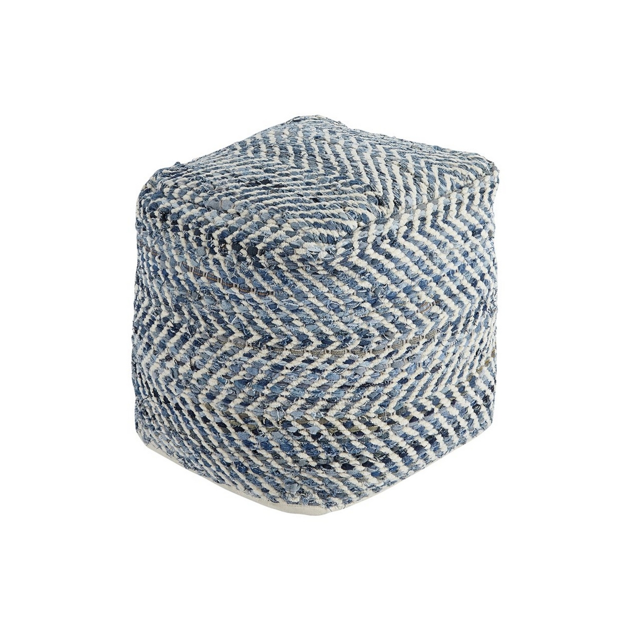 Fabric Round Shaped Pouf With Chevron Pattern, Blue- Saltoro Sherpi