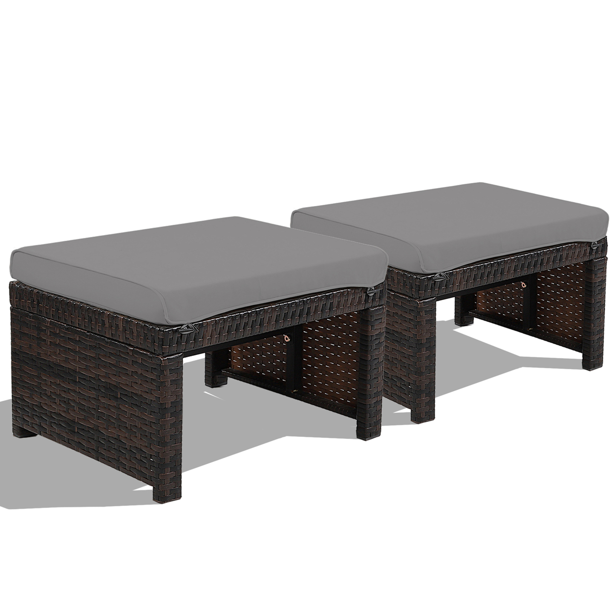 Set Of 2 Rattan Ottoman Footrest Footstool Patio Furniture W/ Cushion - Grey