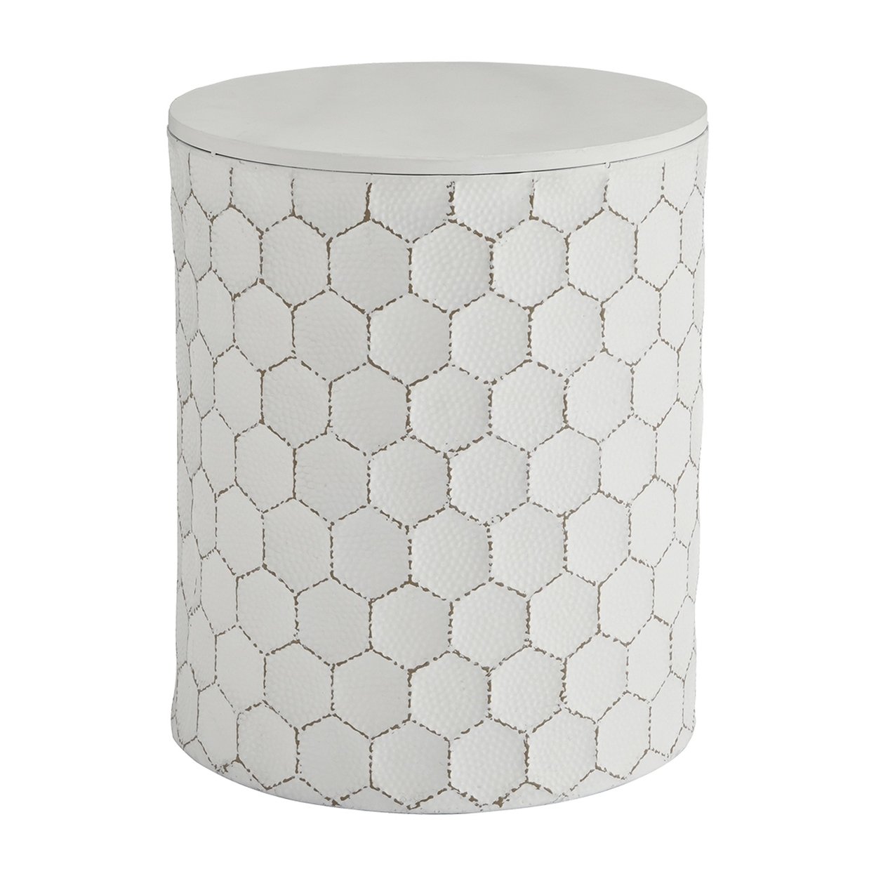 Round Shaped Metal Accent Stool With Honeycomb Pattern, White- Saltoro Sherpi