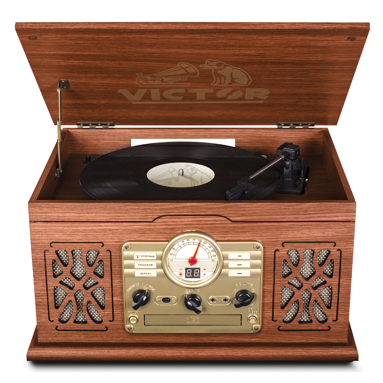 Victor State 7-in-1 Wood Music Center With 3-Speed Turntable And Dual Bluetooth - Espresso