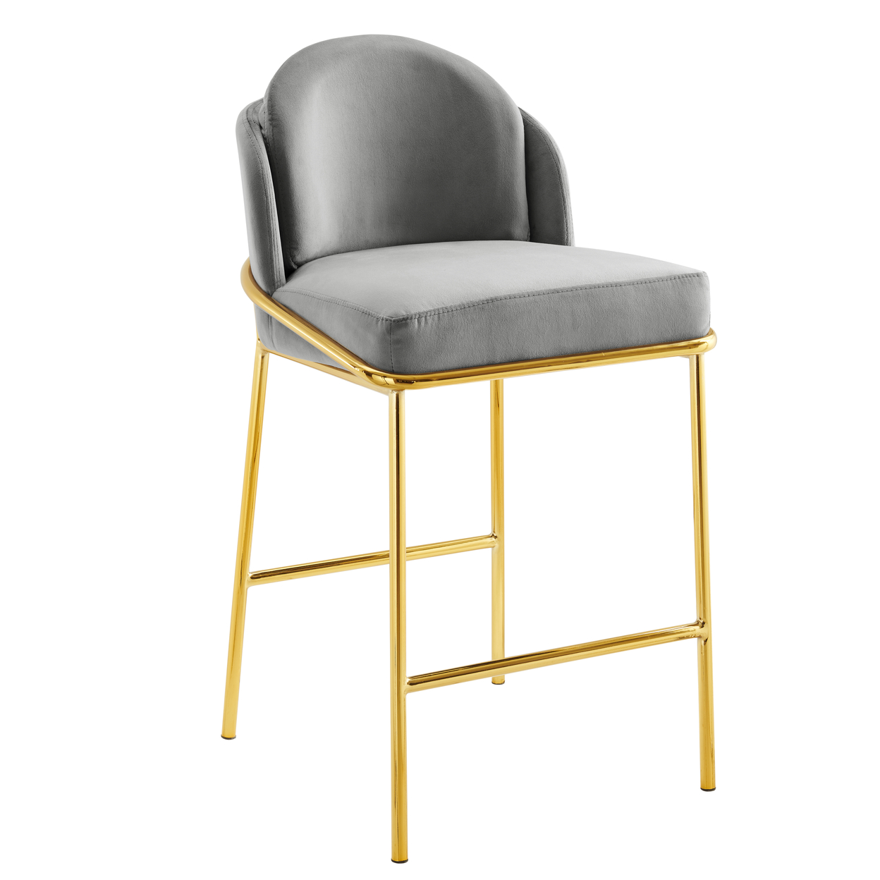 Iconic Home Aerial Counter Stool Chair Velvet Upholstered Armless Design Architectural Gold Tone Solid Metal Base - Grey