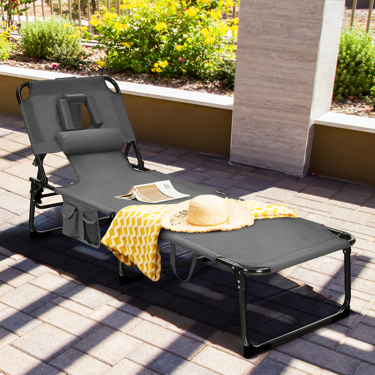 Portable Beach Chaise Lounge Chair Folding Reclining Chair W/ Facing Hole - Grey
