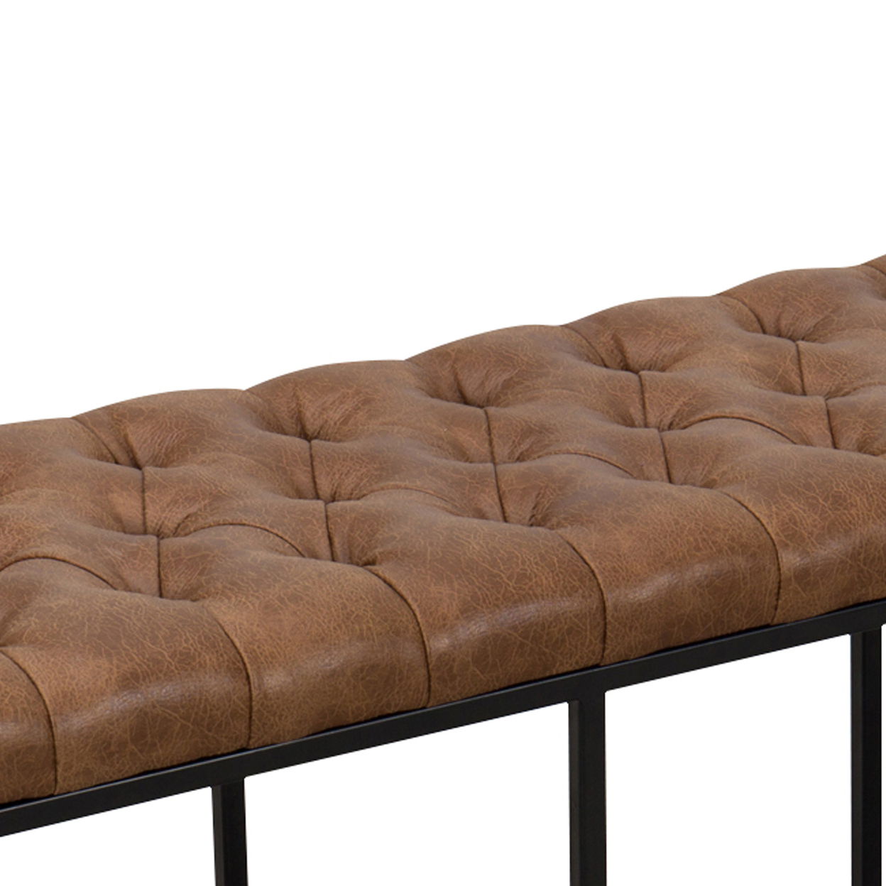 Leatherette Upholstered Bench With Button Tufted Cushioned Seat And Metal Base, Brown- Saltoro Sherpi
