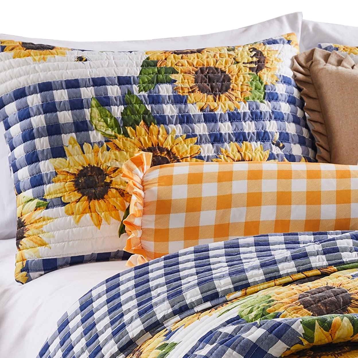 3 Piece Full Queen Quilt Set With Sunflower Print, Yellow- Saltoro Sherpi