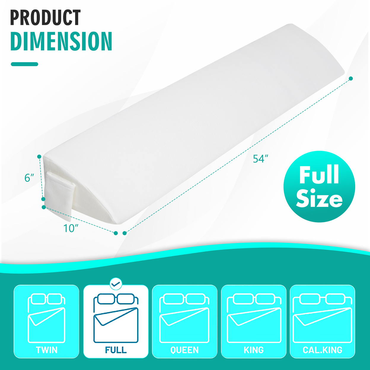 Full Size Bed Wedge Pillow With Side Pocket Bed Gap Filler 54'' X 10'' X 6'' White