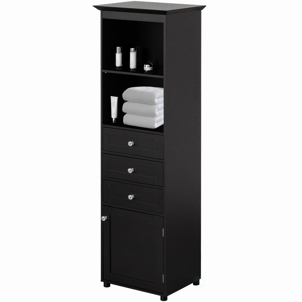 Tall Freestanding Storage Organizer Linen Tower, Vanity Closet, Bathroom Cabinet With 2 Open Shelves, 3 Drawers, And A Closet - Black