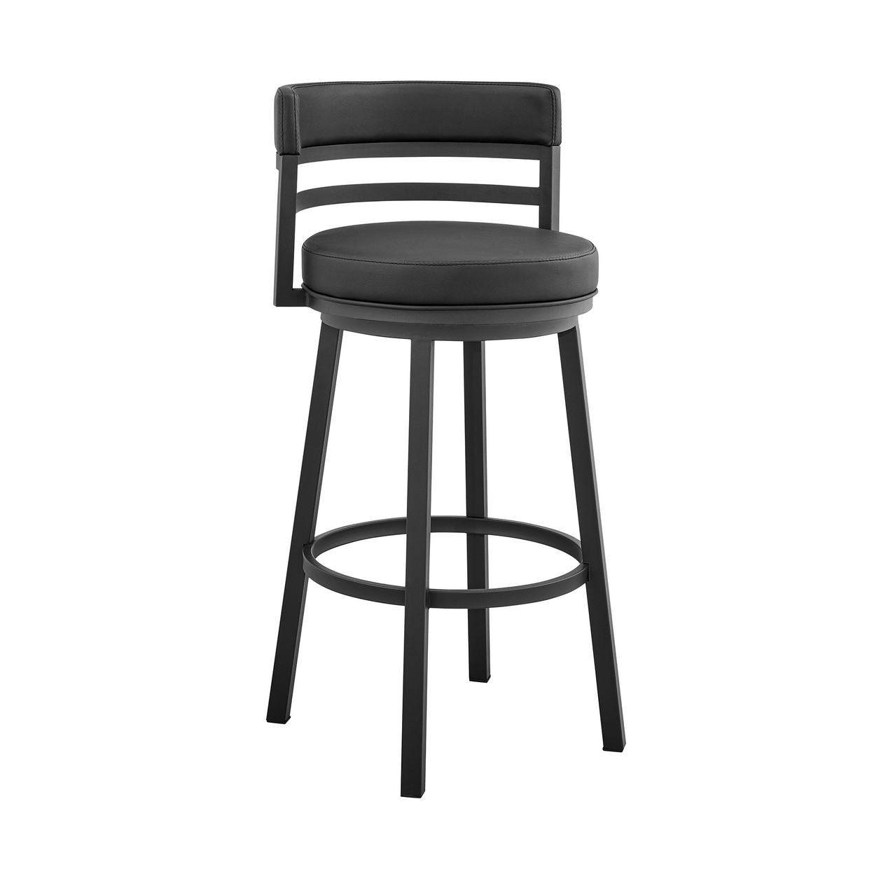 Eva 30 Inch Modern Swivel Bar Stool Chair, Low Back, Black Faux Leather- Saltoro Sherpi
