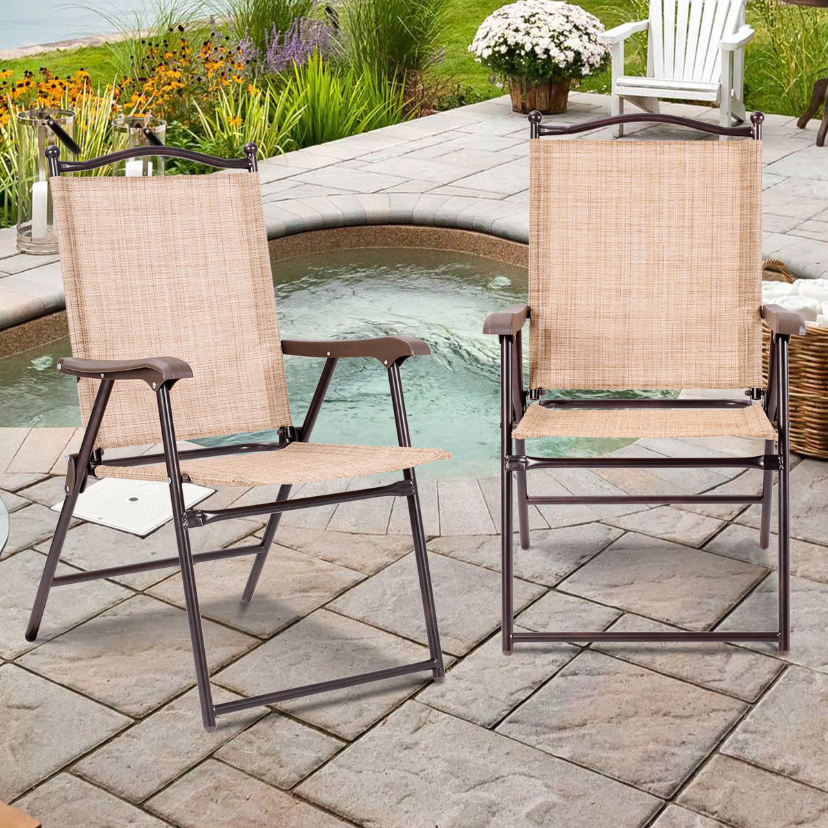 Set Of 2 Folding Patio Furniture Sling Back Chairs Outdoors