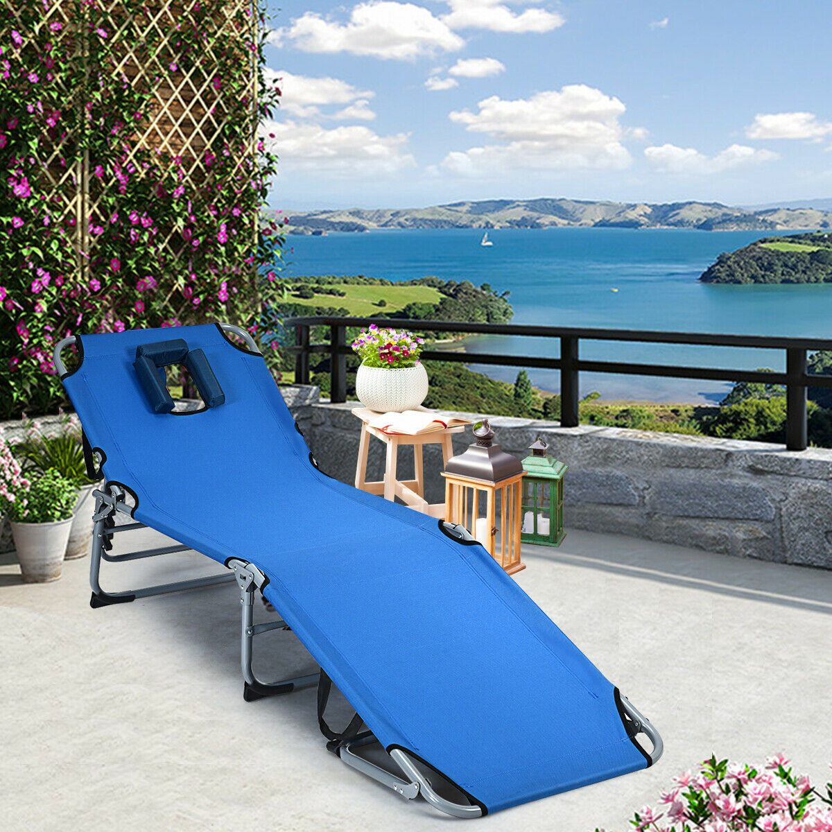 Folding Chaise Lounge Chair Bed Adjustable Outdoor Patio Beach Camping Recliner - Blue