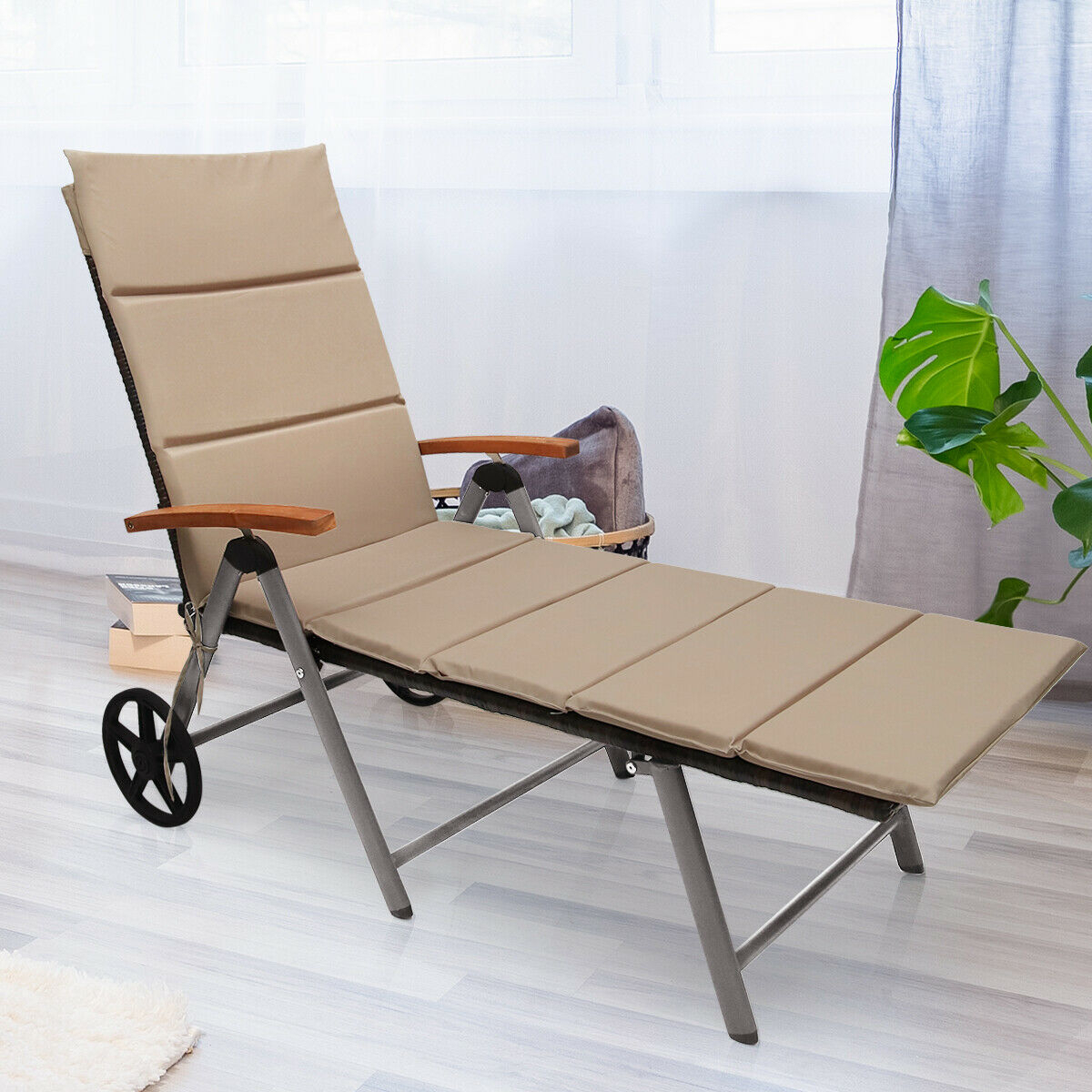 Folding Patio Rattan Lounge Chair Chaise Cushioned Aluminum Adjust Wheel
