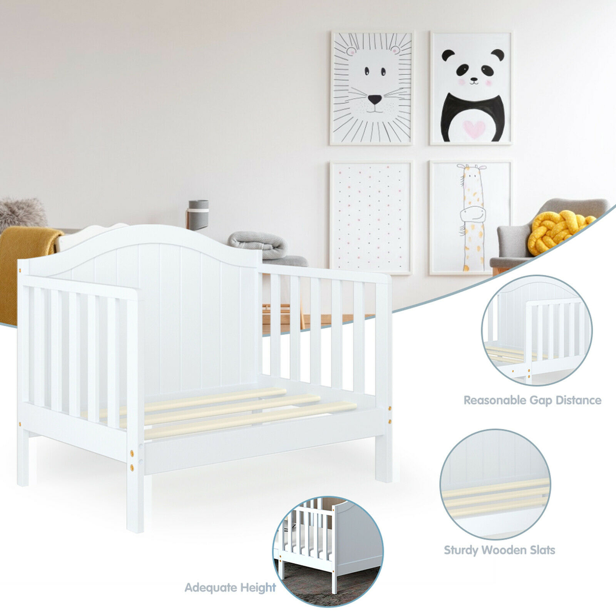 2-in-1 Convertible Toddler Bed Kids Wooden Bedroom Furniture W/ Guardrails - White