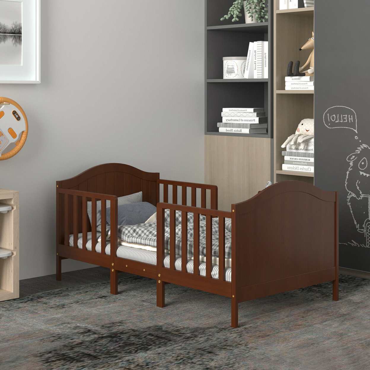2-in-1 Convertible Toddler Bed Kids Wooden Bedroom Furniture W/ Guardrails - Brown
